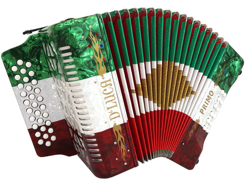 D'Luca Primo Button Accordion 31 Keys 12 Bass on GCF Key with Case and Straps, Red, White, Green