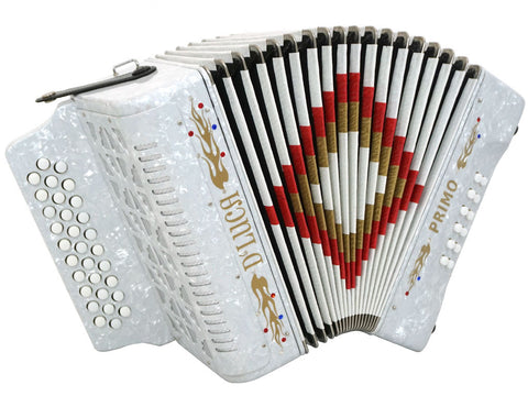 D'Luca Primo Button Accordion 31 Keys 12 Bass on GCF Key with Case and Straps, White