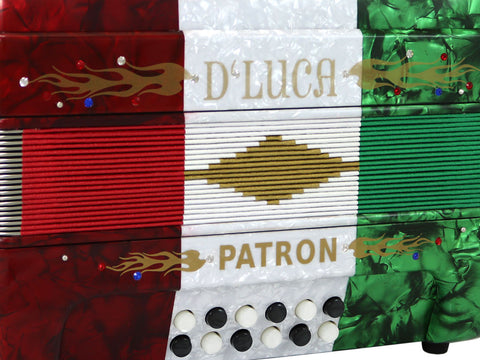 D'Luca Patron Button Accordion 3 Switches 34 Keys 12 Bass on GCF Key with Case and Straps, Red, White, Green