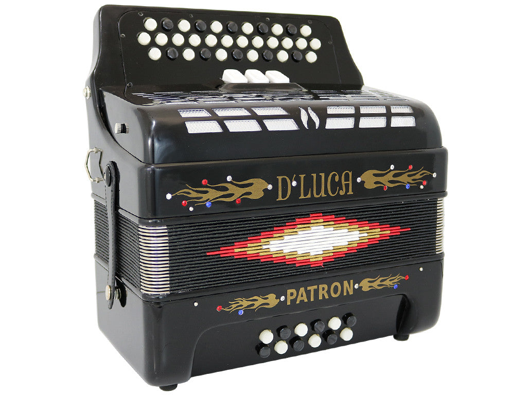 D'Luca Patron Button Accordion 3 Switches 34 Keys 12 Bass on GCF Key with Case and Straps, Black