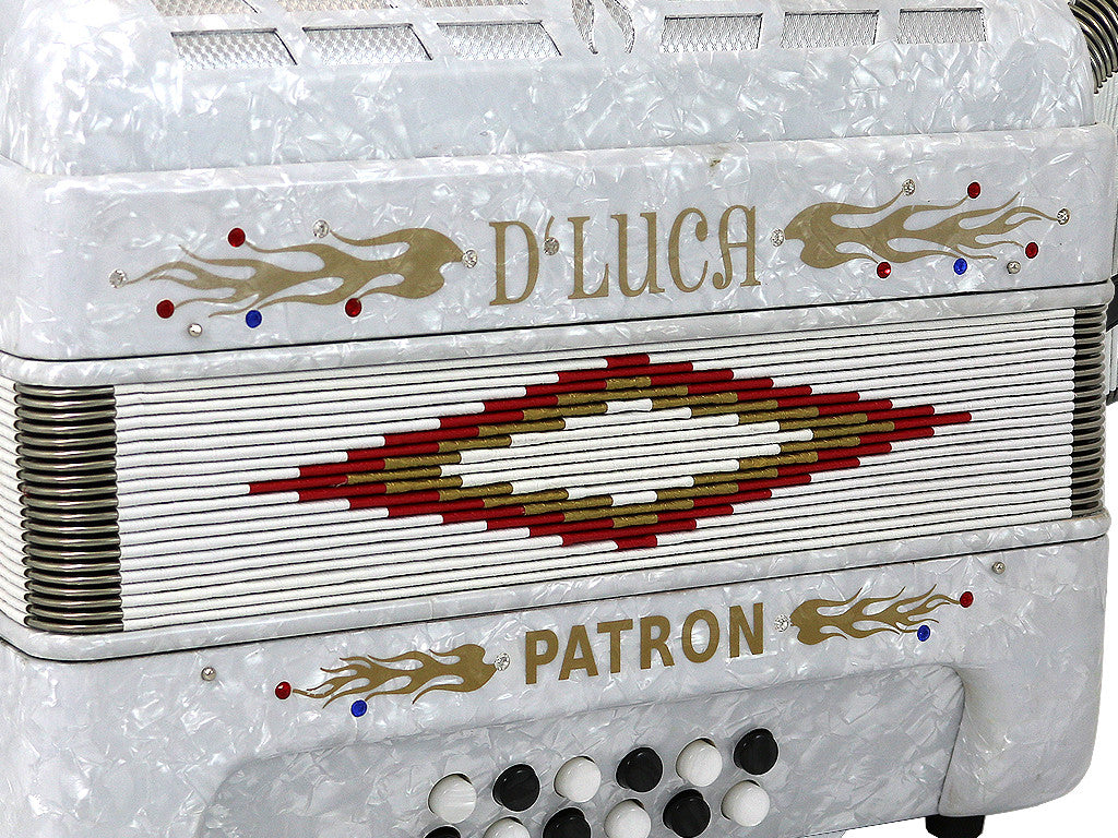 D'Luca Patron Button Accordion 3 Switches 34 Keys 12 Bass on GCF Key with Case and Straps, White