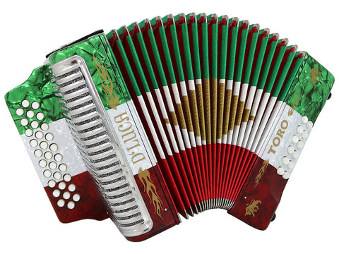 D'Luca Toro Button Accordion 31 Keys 12 Bass on GCF Key with Case and Straps, Red, White, Green