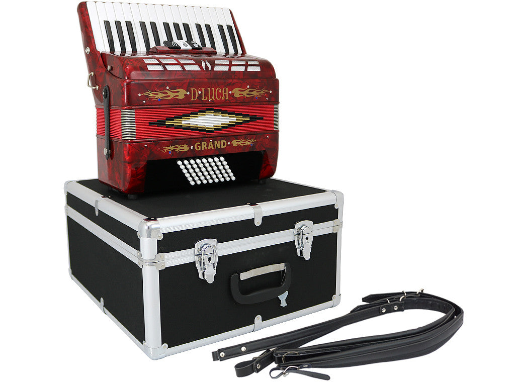 D'Luca Grand Piano Accordion 3 Switches 30 Keys 48 Bass with Case and Straps, Red