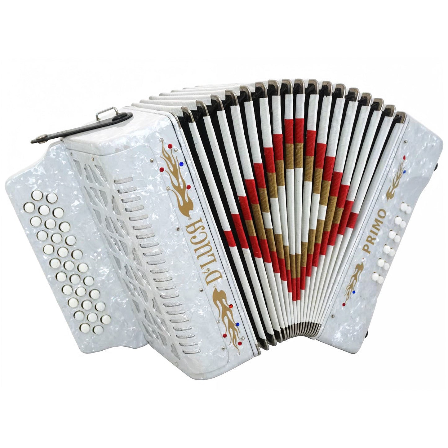 D'Luca Primo Button Accordion 31 Keys 12 Bass on GCF Key with Case and Straps, White