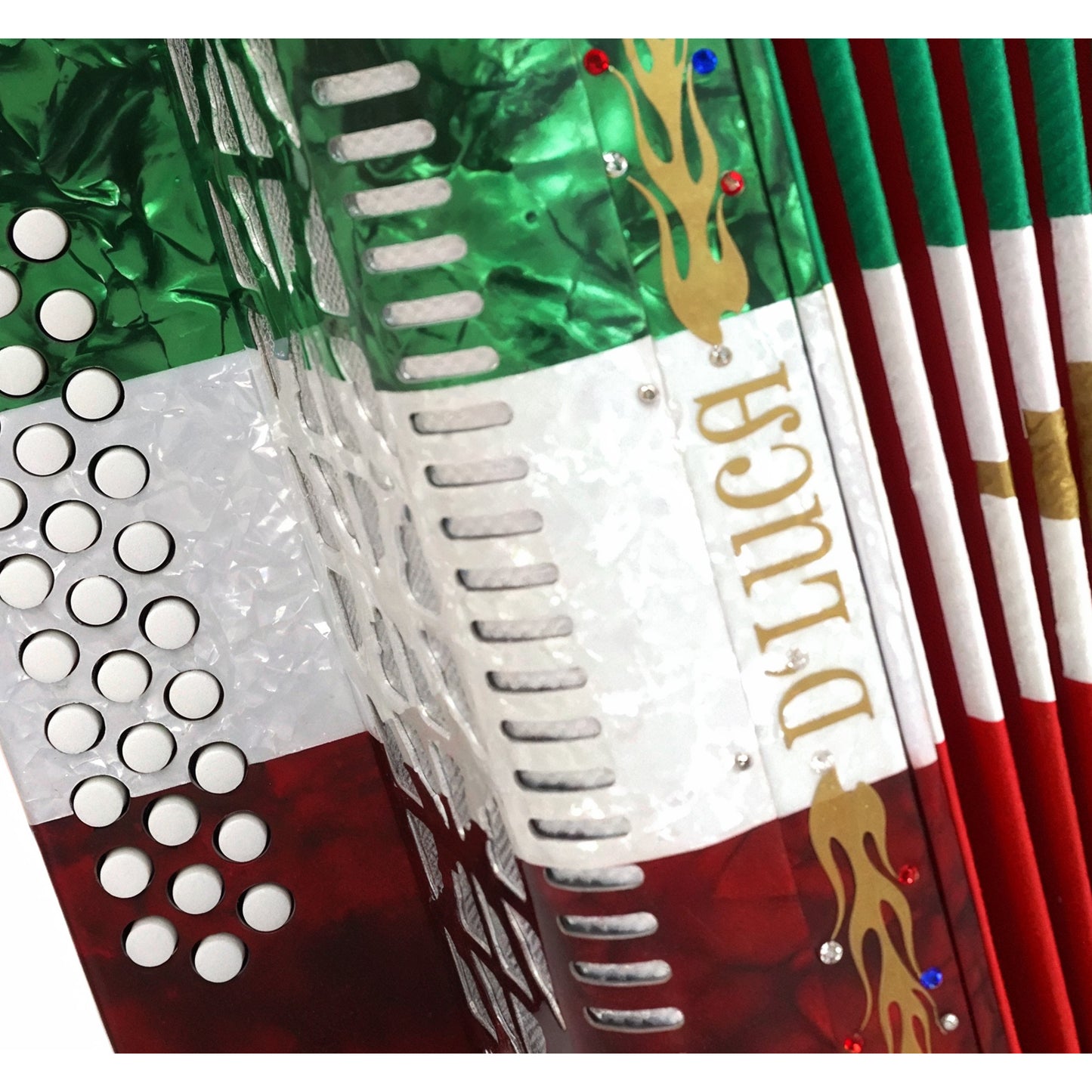D'Luca Primo Button Accordion 31 Keys 12 Bass on FBE Key with Case and Straps, Red, White, Green