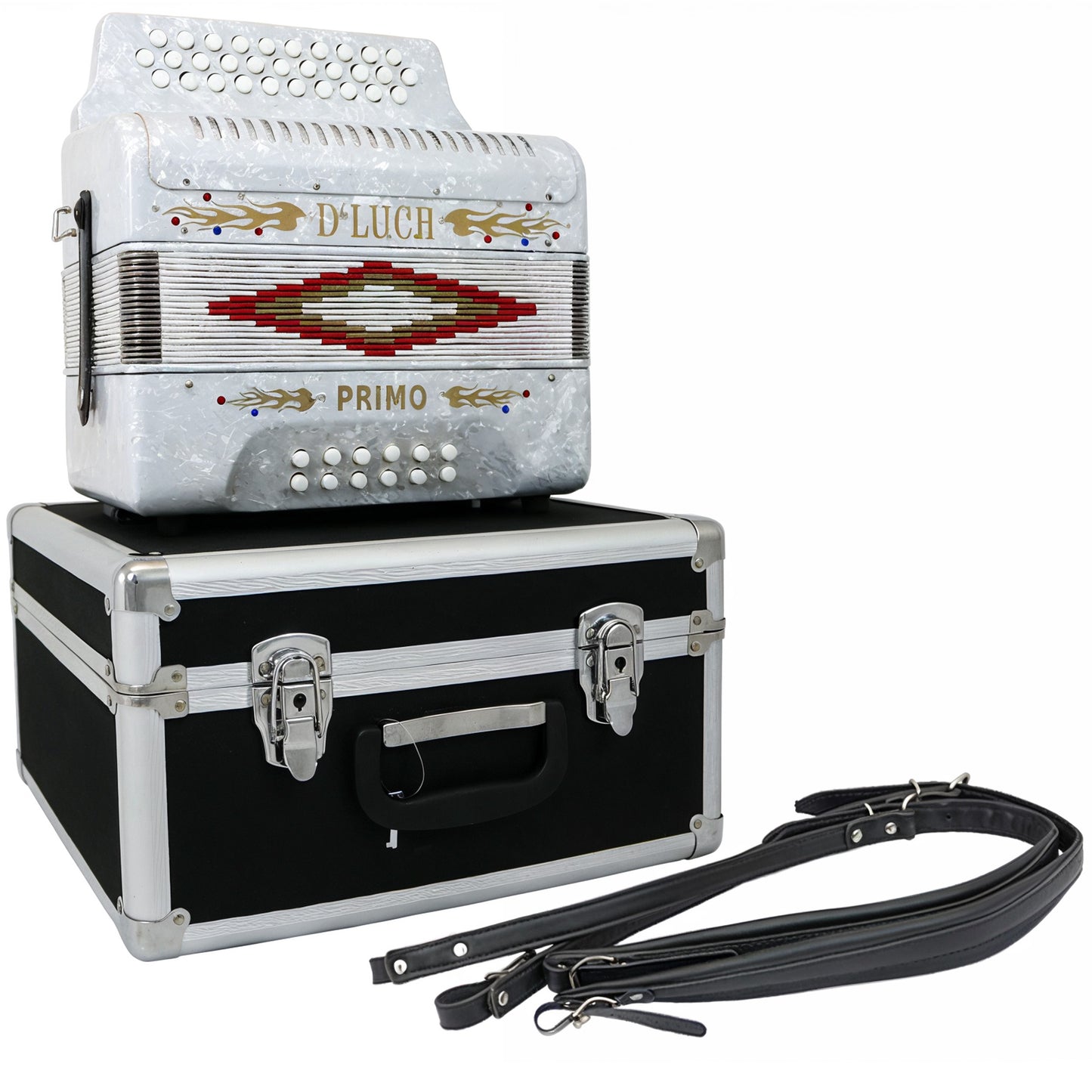 D'Luca Primo Button Accordion 31 Keys 12 Bass on GCF Key with Case and Straps, White