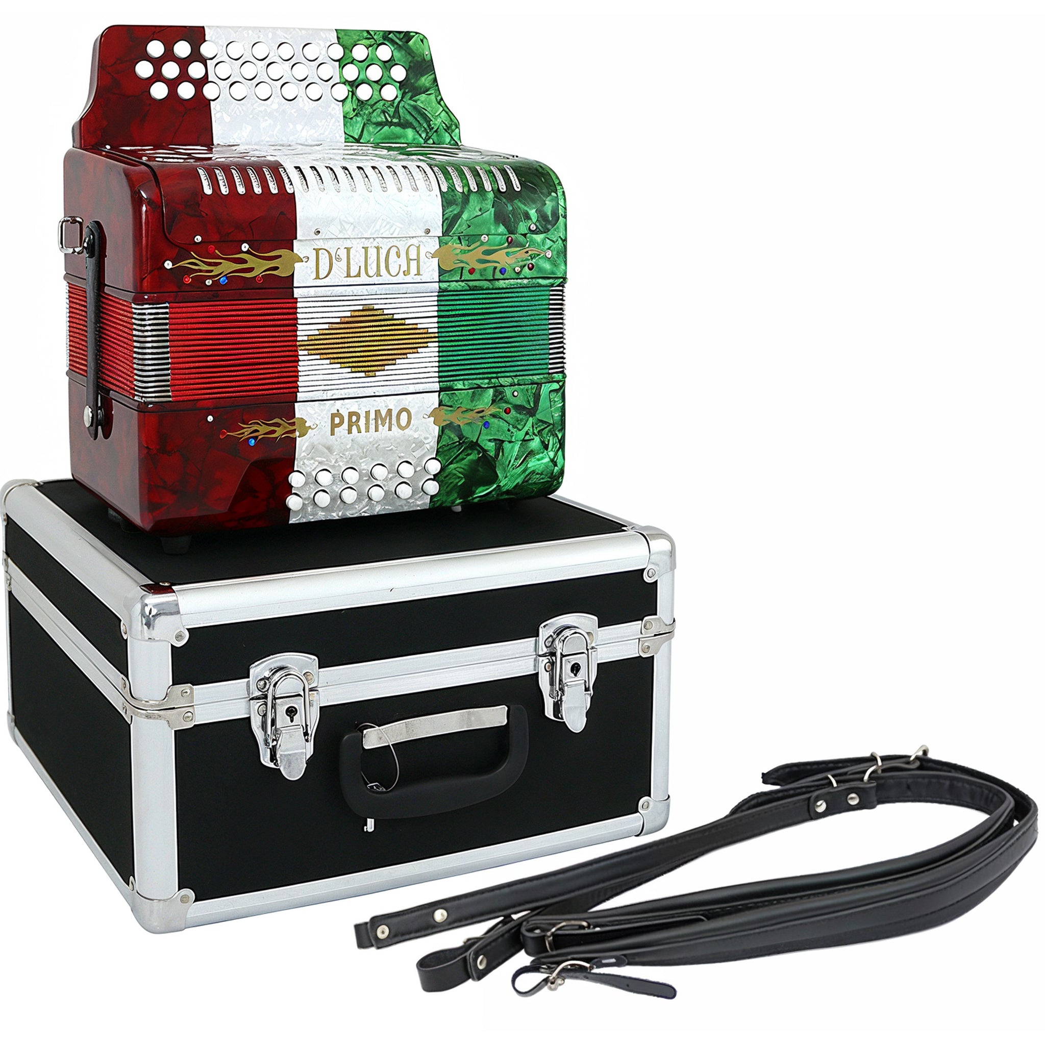 D'Luca Primo Button Accordion 31 Keys 12 Bass on FBE Key with Case and Straps, Red, White, Green