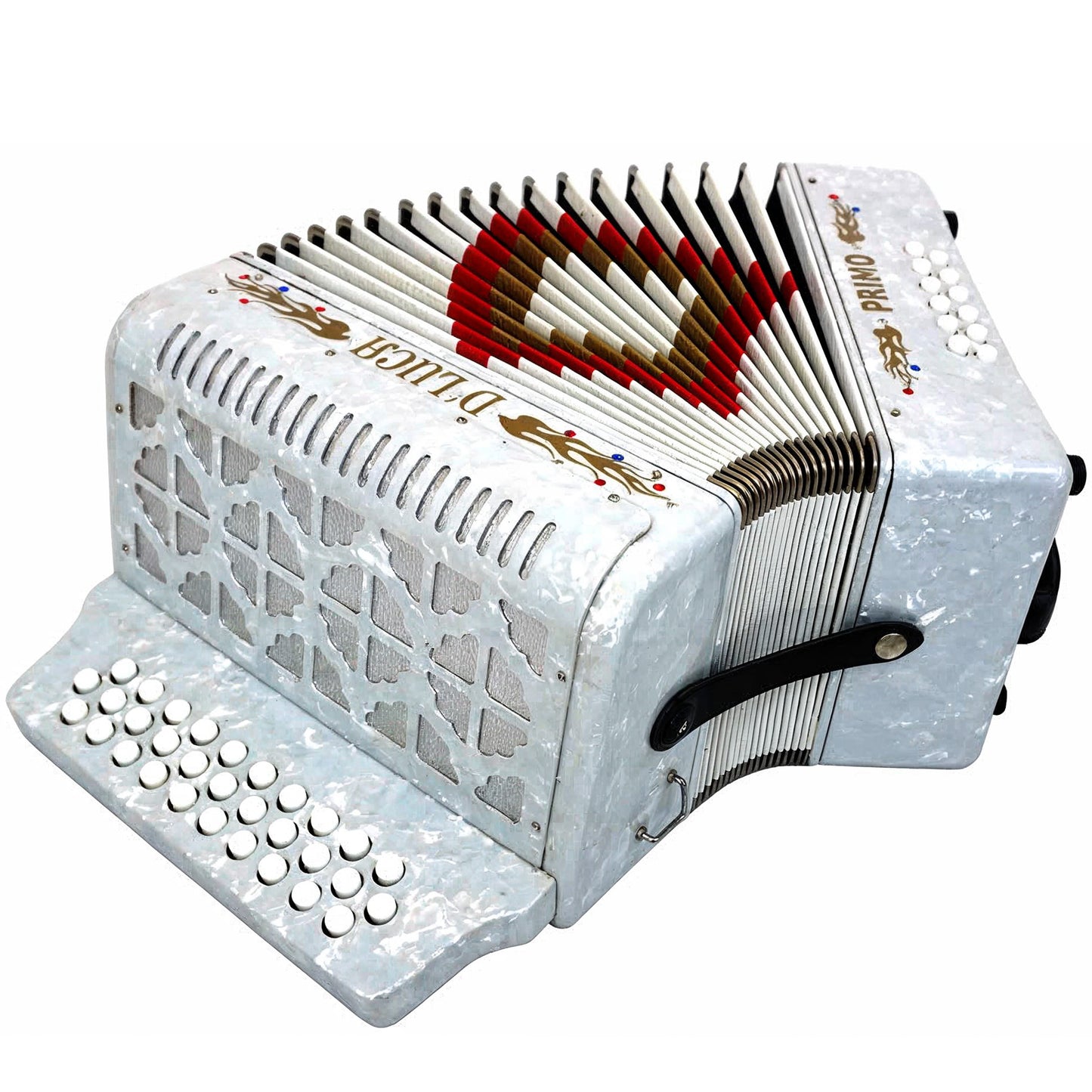 D'Luca Primo Button Accordion 31 Keys 12 Bass on GCF Key with Case and Straps, White