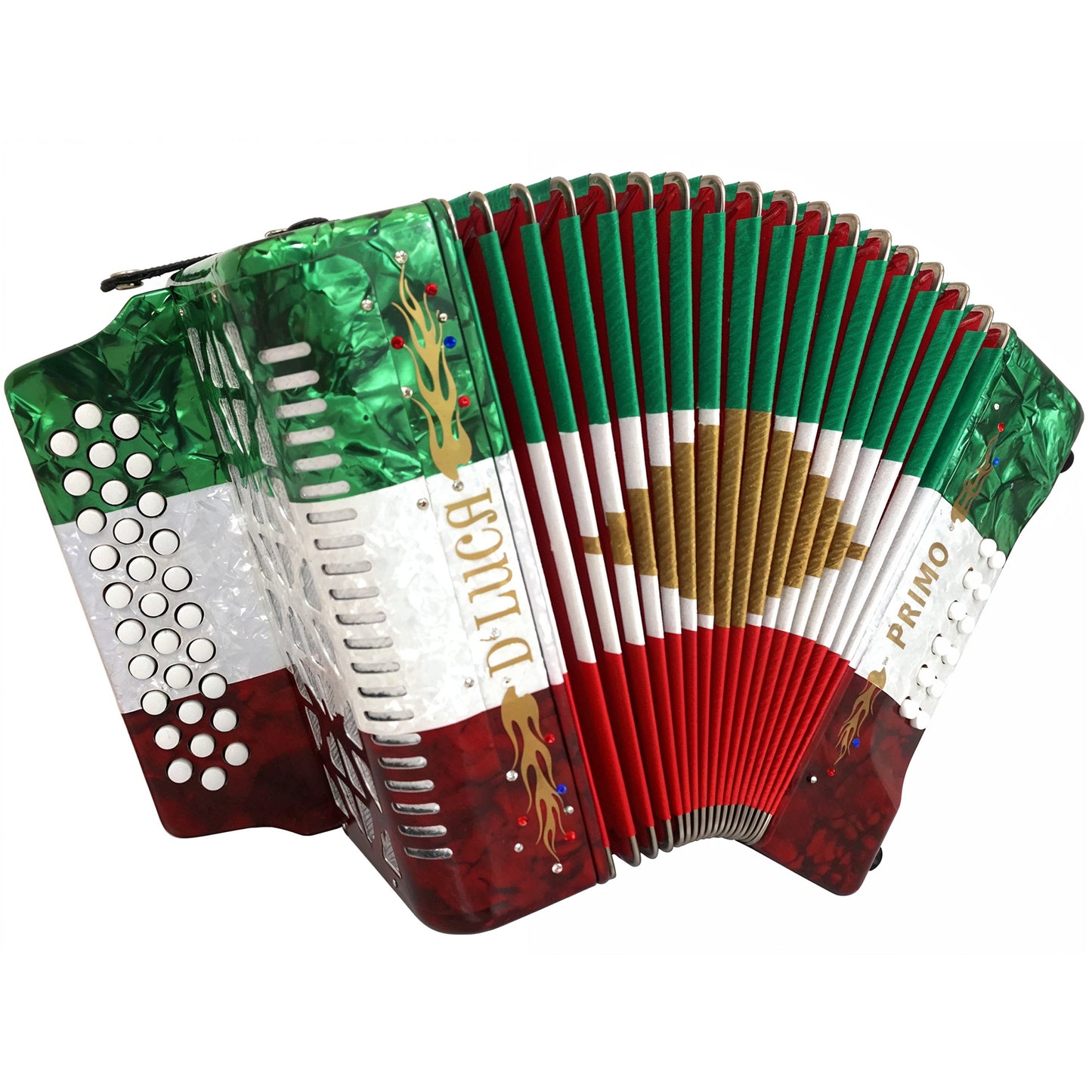 D'Luca Primo Button Accordion 31 Keys 12 Bass on GCF Key with Case and Straps, Red, White, Green
