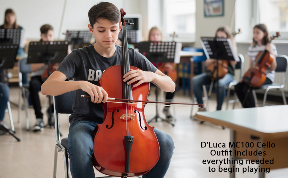 D'Luca Meister Student Cello Package 1/4 Size w/Stand, Bag, Tuner, Rosin & Bow