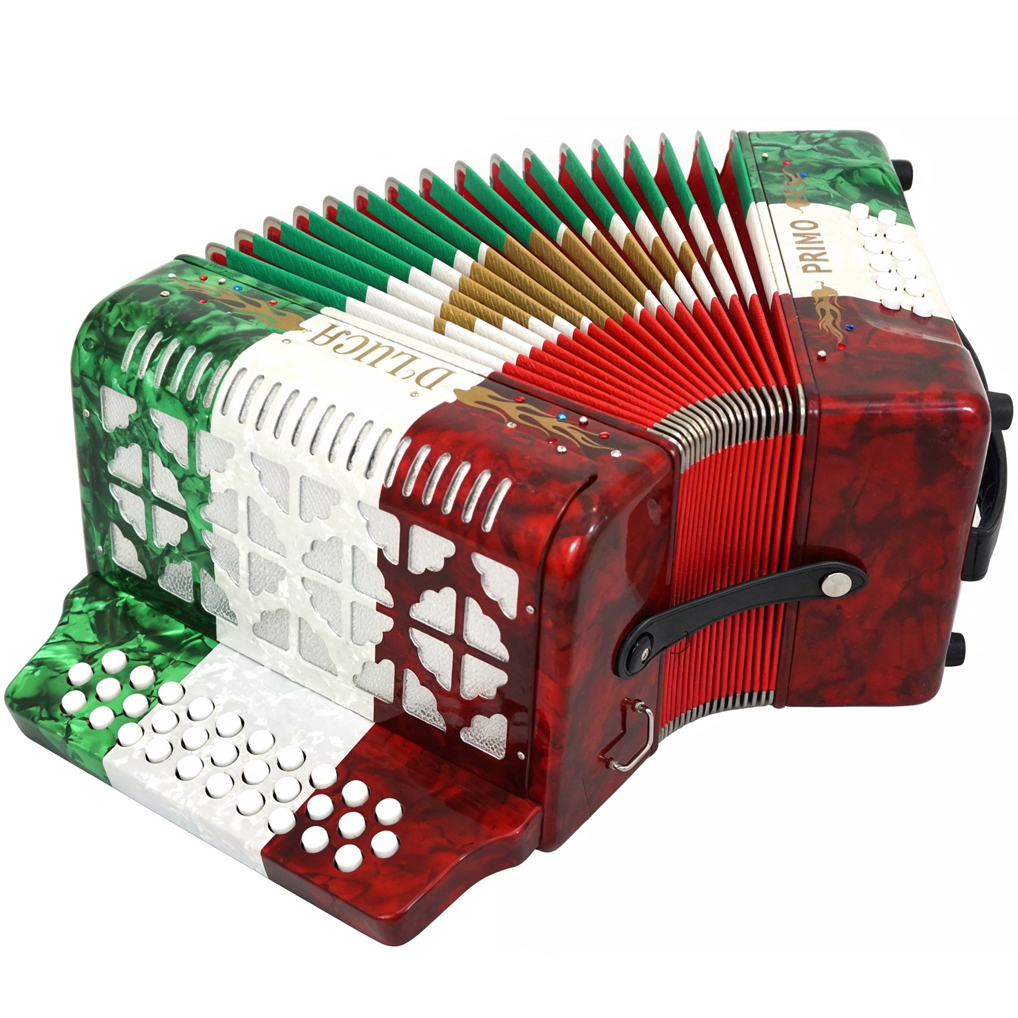 D'Luca Primo Button Accordion 31 Keys 12 Bass on GCF Key with Case and Straps, Red, White, Green