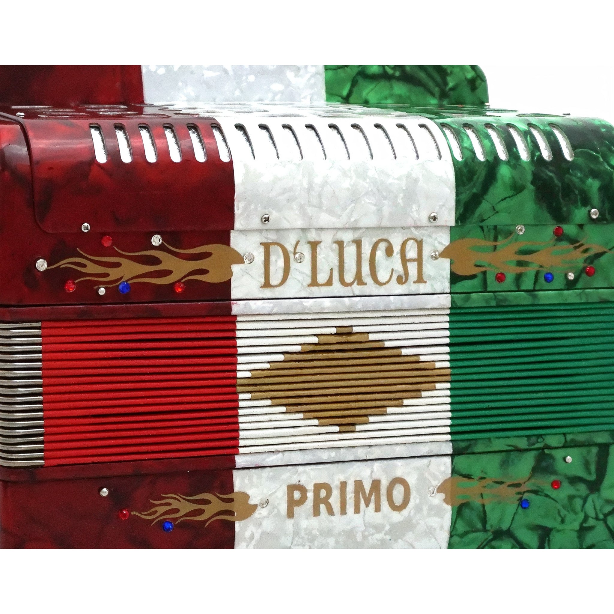 D'Luca Primo Button Accordion 31 Keys 12 Bass on FBE Key with Case and Straps, Red, White, Green