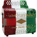 D'Luca Primo Button Accordion 31 Keys 12 Bass on GCF Key with Case and Straps, Red, White, Green