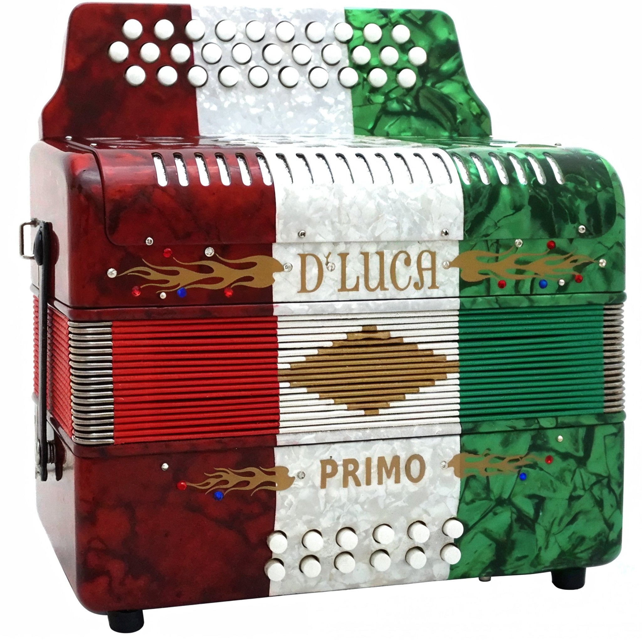 D'Luca Primo Button Accordion 31 Keys 12 Bass on GCF Key with Case and Straps, Red, White, Green