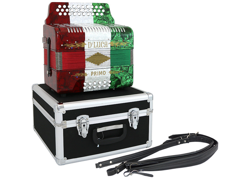 D'Luca Primo Button Accordion 31 Keys 12 Bass on GCF Key with Case and Straps, Red, White, Green