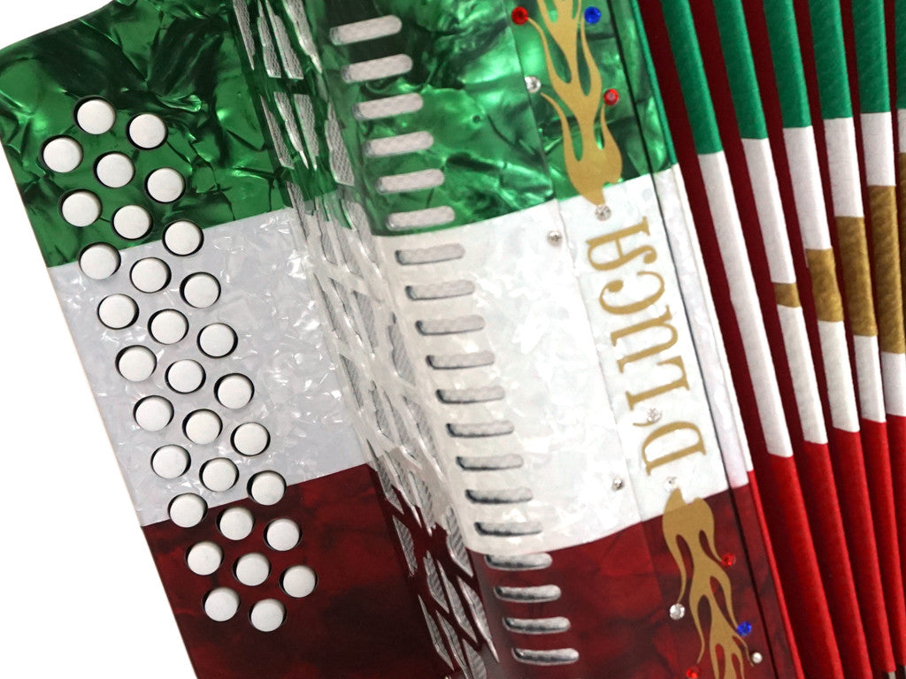 D'Luca Primo Button Accordion 31 Keys 12 Bass on GCF Key with Case and Straps, Red, White, Green