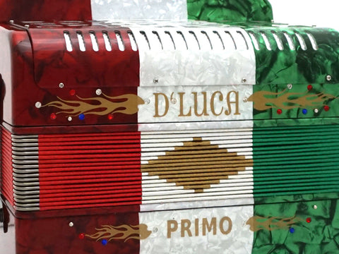 D'Luca Primo Button Accordion 31 Keys 12 Bass on GCF Key with Case and Straps, Red, White, Green