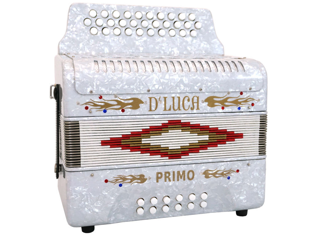 D'Luca Primo Button Accordion 31 Keys 12 Bass on GCF Key with Case and Straps, White