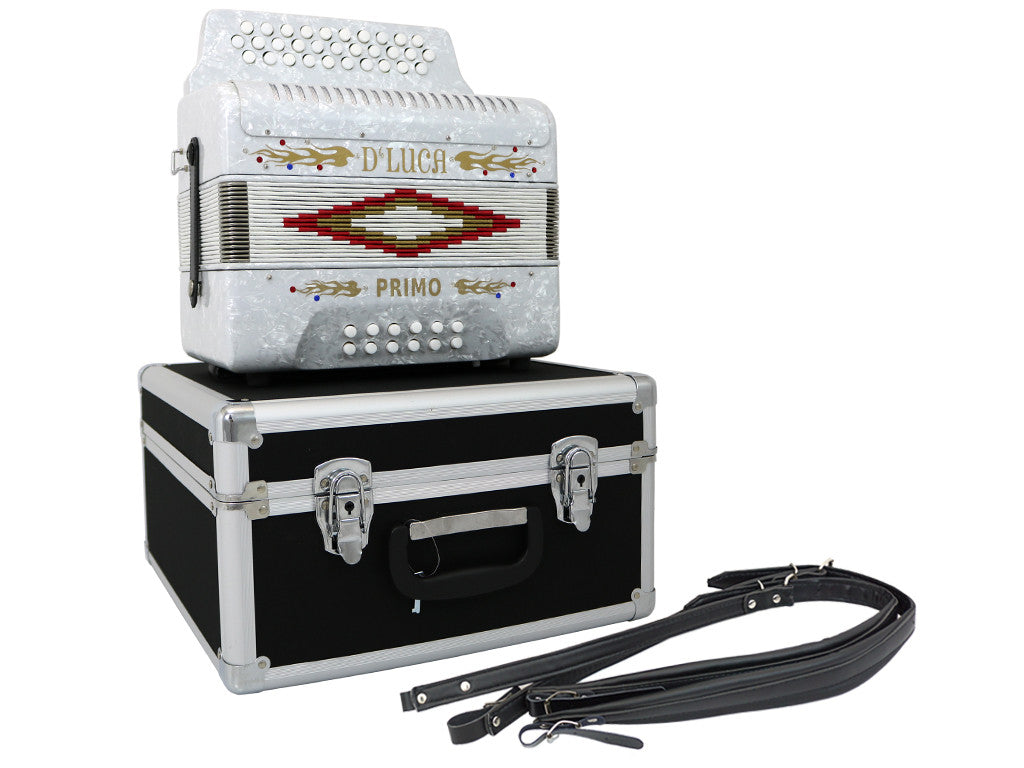 D'Luca Primo Button Accordion 31 Keys 12 Bass on GCF Key with Case and Straps, White