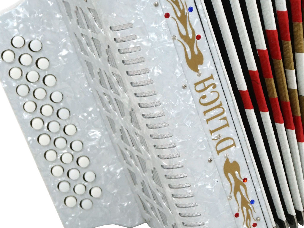 D'Luca Primo Button Accordion 31 Keys 12 Bass on GCF Key with Case and Straps, White