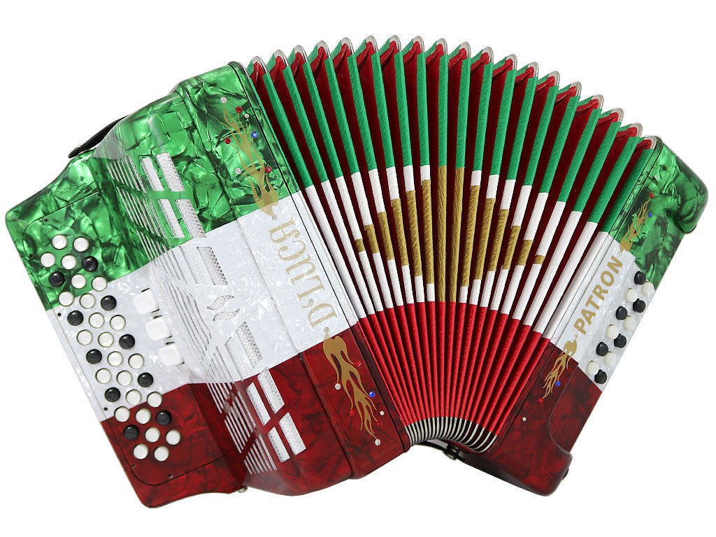 D'Luca Patron Button Accordion 3 Switches 34 Keys 12 Bass on GCF Key with Case and Straps, Red, White, Green