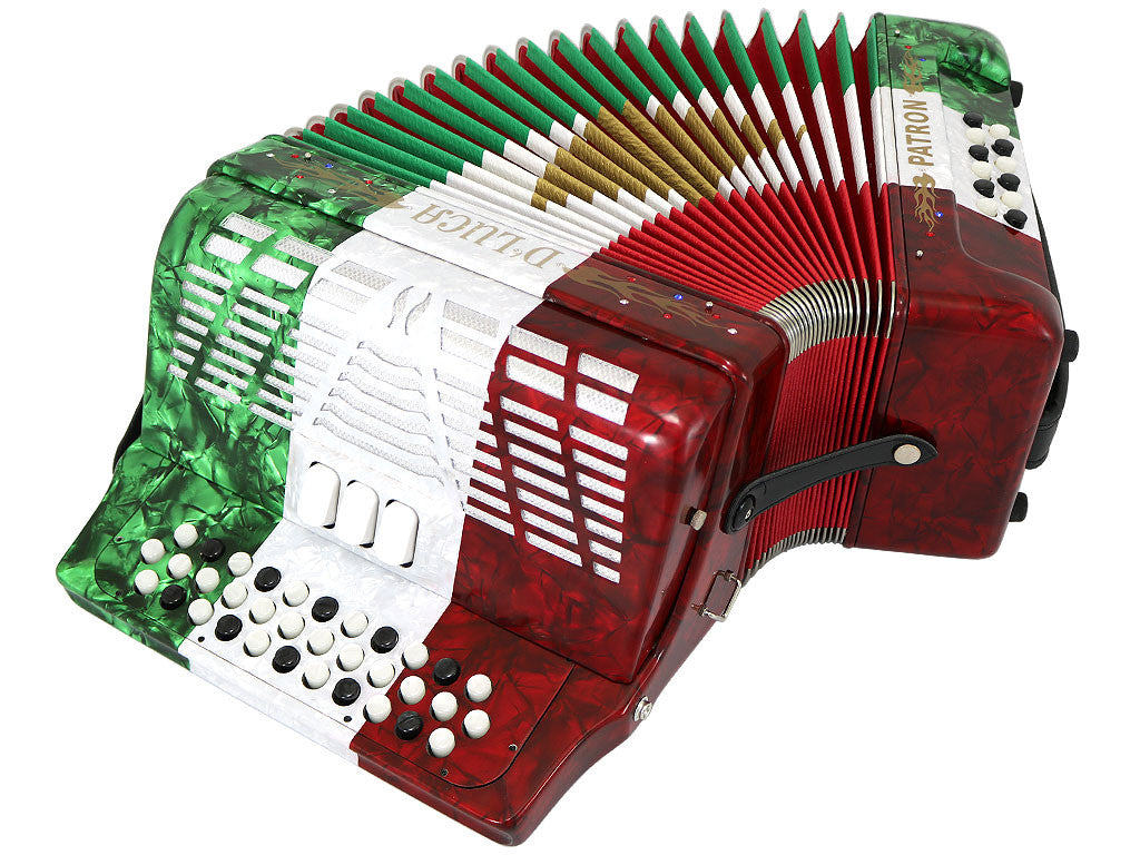 D'Luca Patron Button Accordion 3 Switches 34 Keys 12 Bass on GCF Key with Case and Straps, Red, White, Green