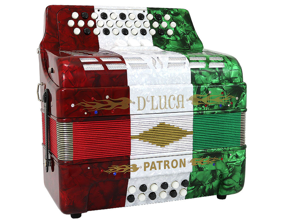 D'Luca Patron Button Accordion 3 Switches 34 Keys 12 Bass on GCF Key with Case and Straps, Red, White, Green