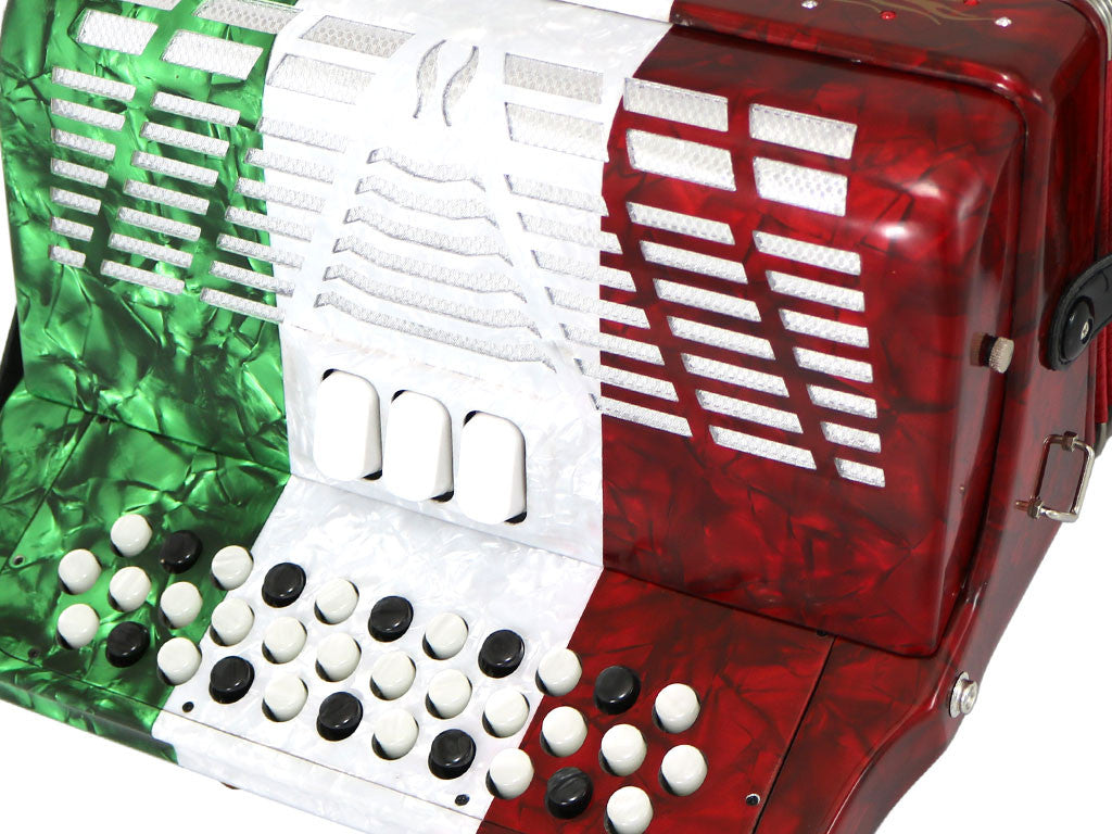 D'Luca Patron Button Accordion 3 Switches 34 Keys 12 Bass on GCF Key with Case and Straps, Red, White, Green