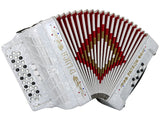 D'Luca Patron Button Accordion 3 Switches 34 Keys 12 Bass on GCF Key with Case and Straps, White