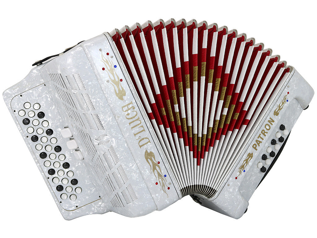 D'Luca Patron Button Accordion 3 Switches 34 Keys 12 Bass on GCF Key with Case and Straps, White