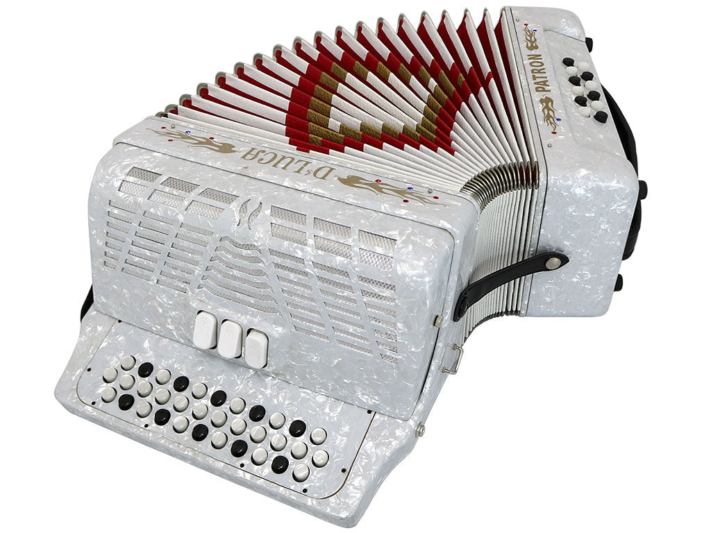 D'Luca Patron Button Accordion 3 Switches 34 Keys 12 Bass on GCF Key with Case and Straps, White