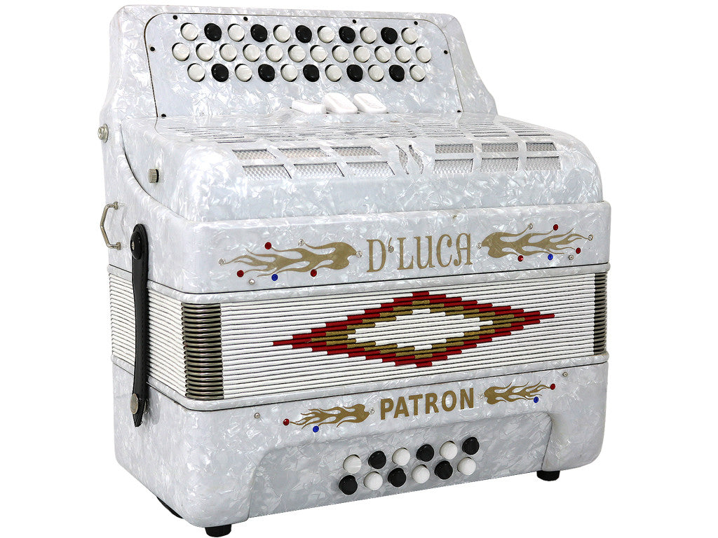D'Luca Patron Button Accordion 3 Switches 34 Keys 12 Bass on GCF Key with Case and Straps, White