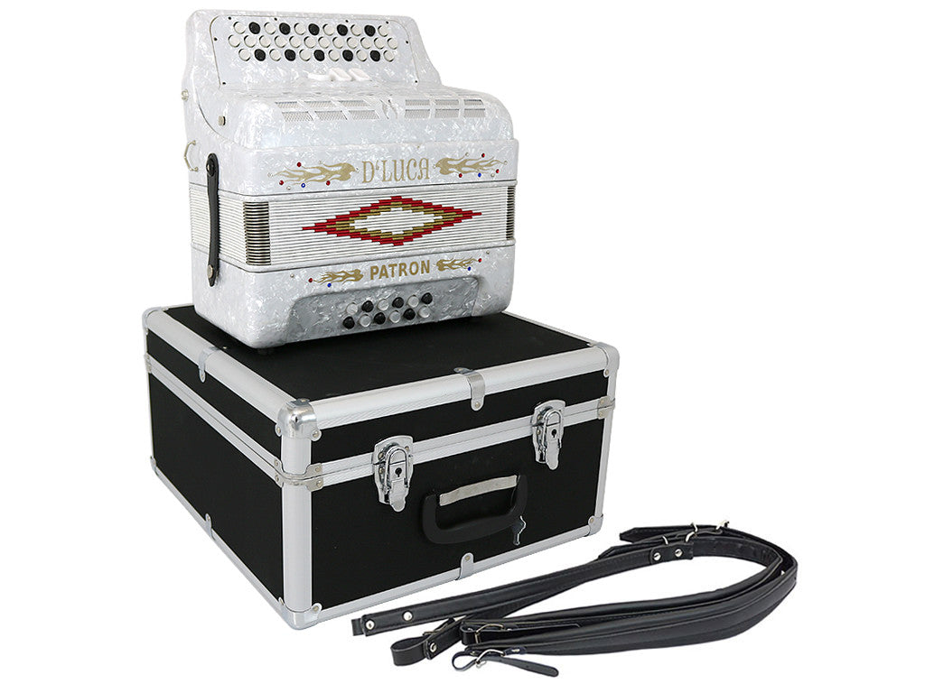 D'Luca Patron Button Accordion 3 Switches 34 Keys 12 Bass on GCF Key with Case and Straps, White