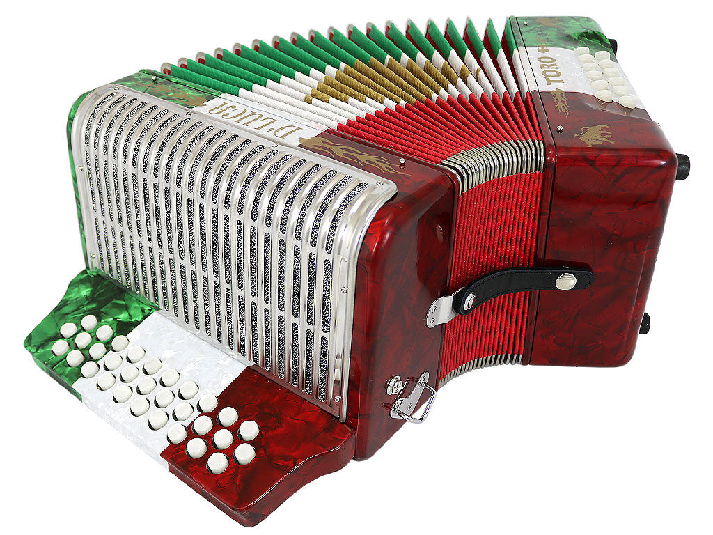 D'Luca Toro Button Accordion 31 Keys 12 Bass on GCF Key with Case and Straps, Red, White, Green