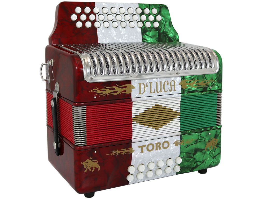 D'Luca Toro Button Accordion 31 Keys 12 Bass on GCF Key with Case and Straps, Red, White, Green