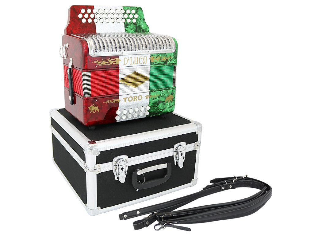 D'Luca Toro Button Accordion 31 Keys 12 Bass on GCF Key with Case and Straps, Red, White, Green