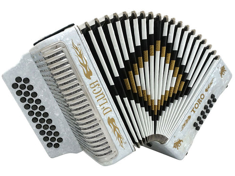 D'Luca Toro Button Accordion 31 Keys 12 Bass on GCF Key with Case and Straps, White