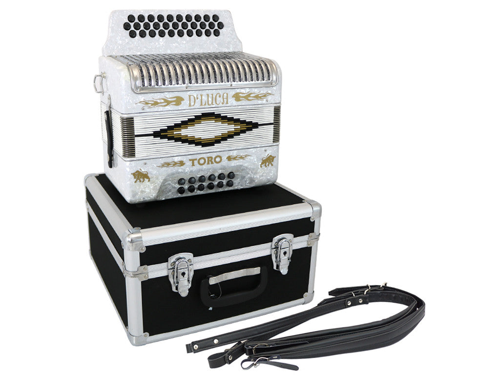 D'Luca Toro Button Accordion 31 Keys 12 Bass on GCF Key with Case and Straps, White