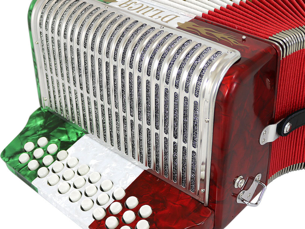 D'Luca Toro Button Accordion 31 Keys 12 Bass on FBE Key with Case and Straps, Red, White, Green