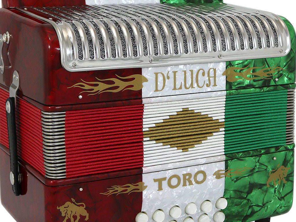 D'Luca Toro Button Accordion 31 Keys 12 Bass on FBE Key with Case and Straps, Red, White, Green
