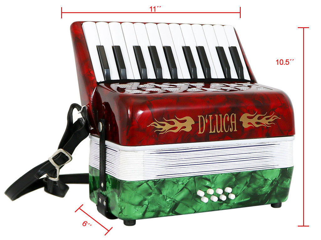 D'Luca Grand Junior Piano Accordion 22 Keys 8 Bass with Gig Bag, Red, White, Green