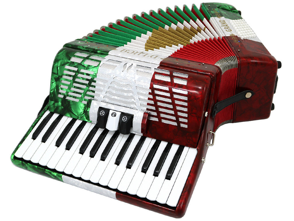 D'Luca Grand Piano Accordion 3 Switches 30 Keys 48 Bass with Case and Straps, Red, White, Green
