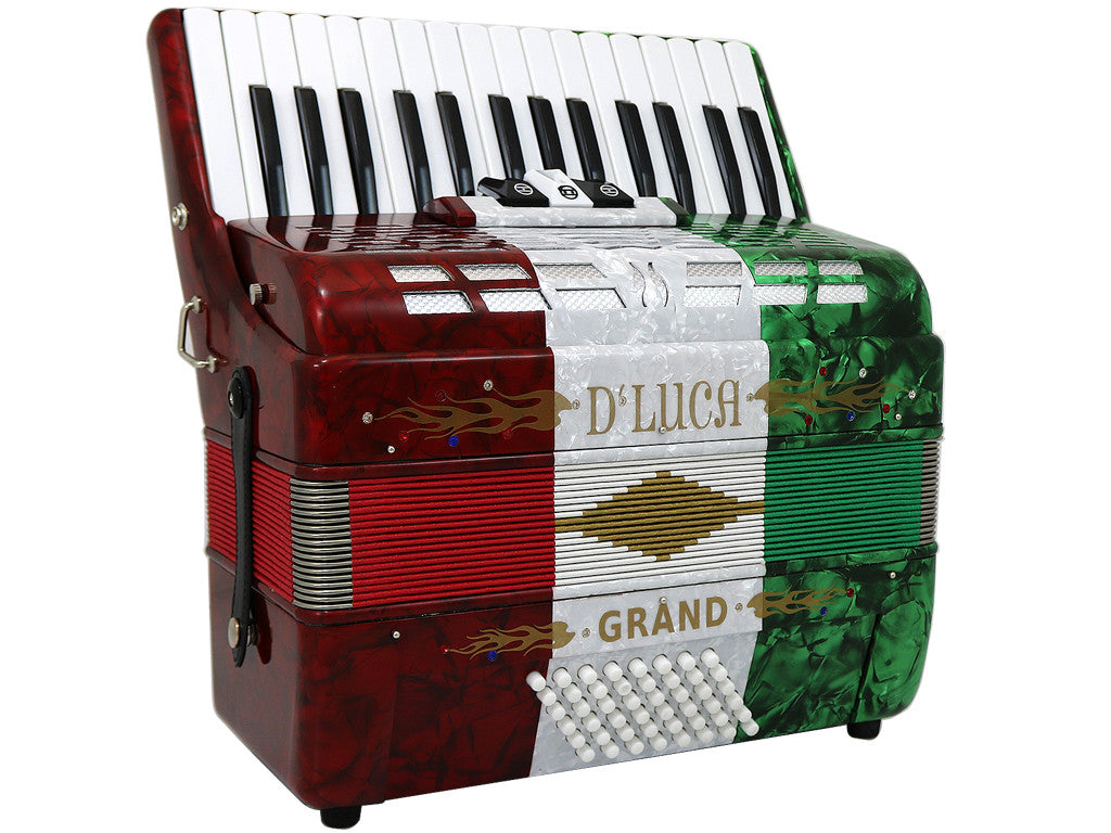 D'Luca Grand Piano Accordion 3 Switches 30 Keys 48 Bass with Case and Straps, Red, White, Green