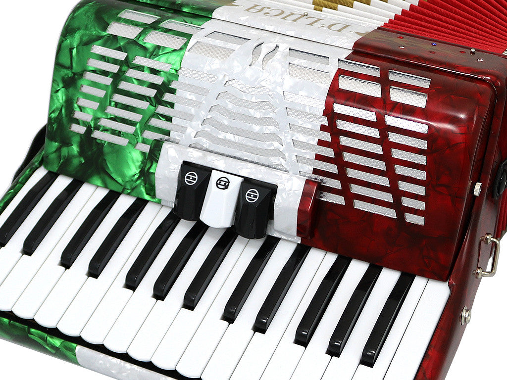 D'Luca Grand Piano Accordion 3 Switches 30 Keys 48 Bass with Case and Straps, Red, White, Green