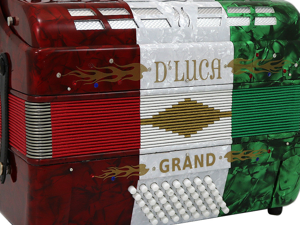 D'Luca Grand Piano Accordion 3 Switches 30 Keys 48 Bass with Case and Straps, Red, White, Green