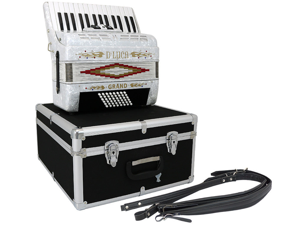 D'Luca Grand Piano Accordion 3 Switches 30 Keys 48 Bass with Case and Straps, White