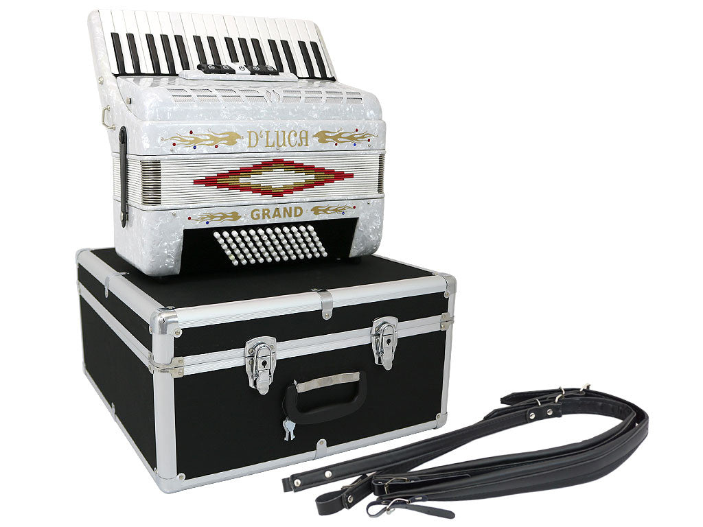D'Luca Grand Piano Accordion 5 Switches 34 Keys 72 Bass with Case and Straps, White