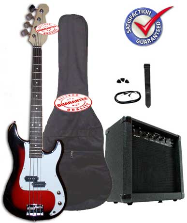 Electric Bass Guitar Pack with 20 Watts Amplifier, Gig Bag, Strap, and Cable, Cherryburst, PLAYBS-TR
